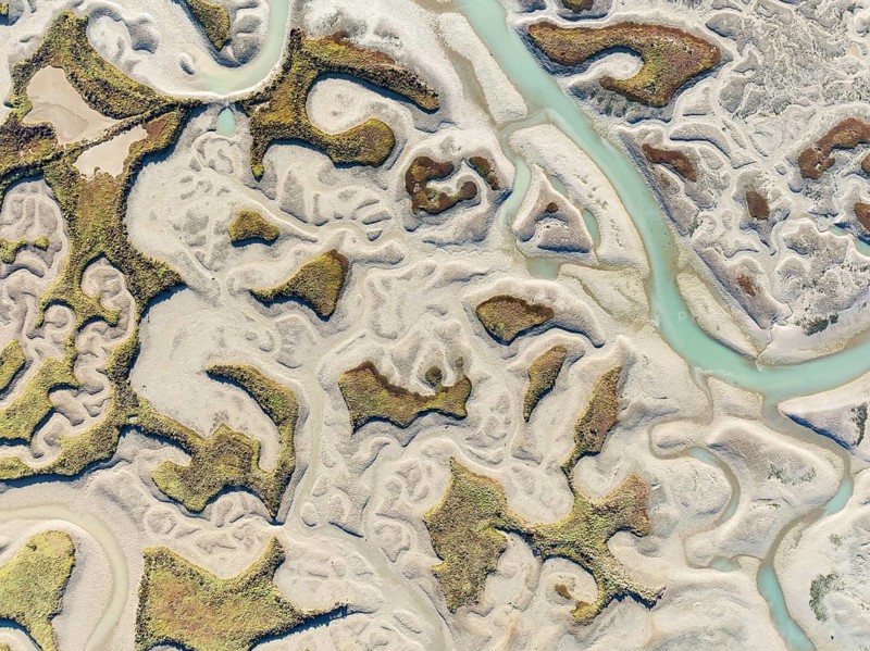 Network of channels and streams at low tide. In the marshland of the Bahía de Cádiz Nature Reserve. Aerial view. Drone shot. Cádiz province, Andalusia, Spain