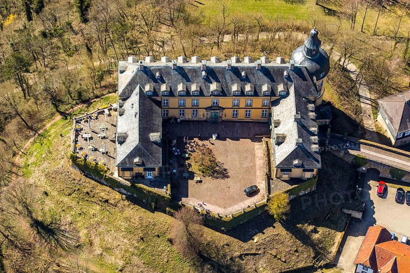Aerial view, Altwildungen with Friedrichstein Castle in Bad Wildungen in Hesse. Bad Wildungen, spa centre and state bath in the district of Waldeck-Frankenberg, North Hesse, Hesse, Germany, Bad Wildungen, DEU, Europe, birds-eyes view, aerial view, aerial photography, aerial photography, overview, overview, bird's eye view