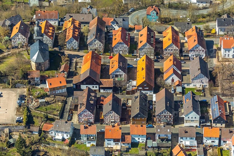 Aerial view, Altwildungen with Phillip-Nicolai-Kirche Schlossstraße near Schloss Friedrichstein in Bad Wildungen in Hesse. Bad Wildungen, spa centre and state bath in the district of Waldeck-Frankenberg, North Hesse, Hesse, Germany, Bad Wildungen, DEU, Europe, birds-eyes view, aerial view, aerial photography, aerial photography, overview, overview, bird's eye view