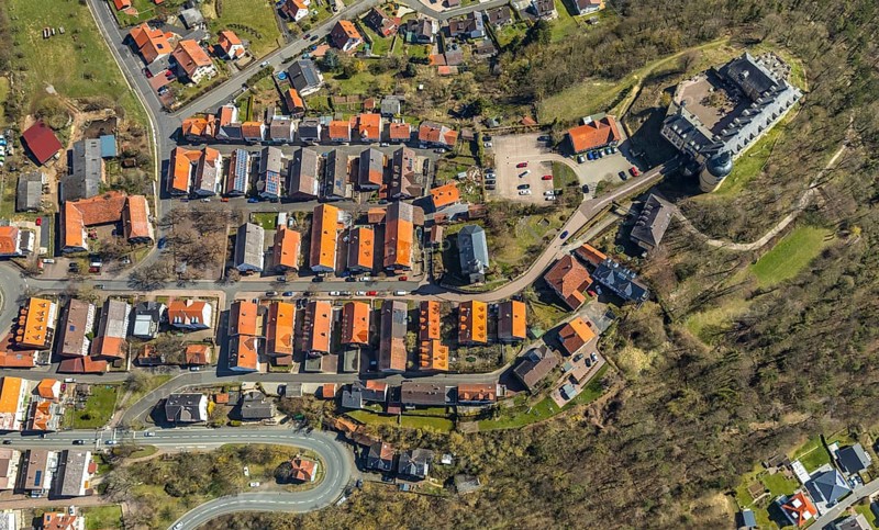Aerial view, Altwildungen with Friedrichstein Castle in Bad Wildungen in Hesse. Bad Wildungen, spa centre and state bath in the district of Waldeck-Frankenberg, North Hesse, Hesse, Germany, Bad Wildungen, DEU, Europe, birds-eyes view, aerial view, aerial photography, aerial photography, overview, overview, bird's eye view