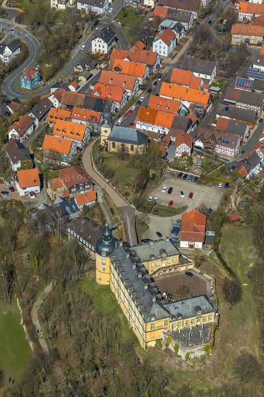 Aerial view, Altwildungen with Friedrichstein Castle in Bad Wildungen in Hesse. Bad Wildungen, spa centre and state bath in the district of Waldeck-Frankenberg, North Hesse, Hesse, Germany, Bad Wildungen, DEU, Europe, birds-eyes view, aerial view, aerial photography, aerial photography, overview, overview, bird's eye view