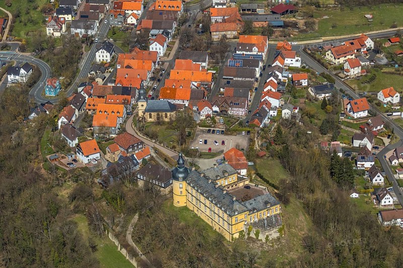 Aerial view, Altwildungen with Friedrichstein Castle in Bad Wildungen in Hesse. Bad Wildungen, spa centre and state bath in the district of Waldeck-Frankenberg, North Hesse, Hesse, Germany, Bad Wildungen, DEU, Europe, birds-eyes view, aerial view, aerial photography, aerial photography, overview, overview, bird's eye view