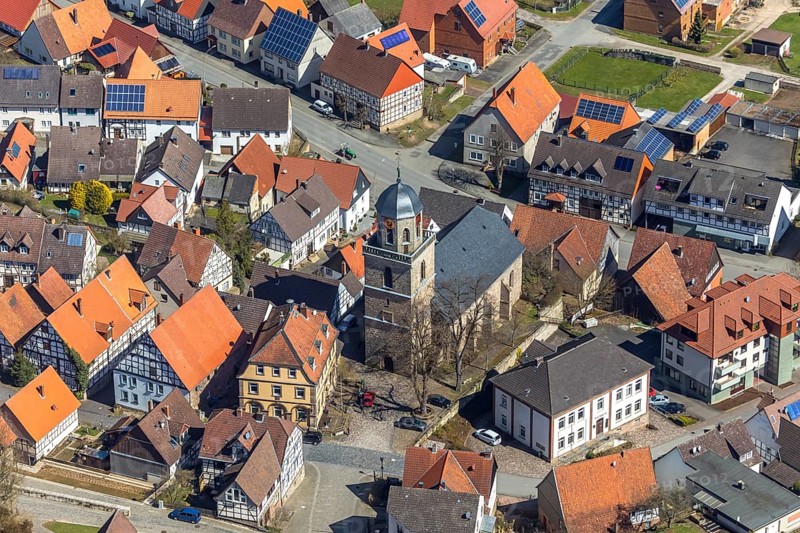 Aerial view, Rhoden in Diemelsee in Hesse, historical town centre, Protestant town church Rhoden. Diemelsee, district Waldeck-Frankenberg, North Hesse, Upland, Hesse, Germany, Diemelstadt, DEU, Europe, birds-eyes view, aerial view, aerial photography, aerial photography, overview, overview, bird's eye view
