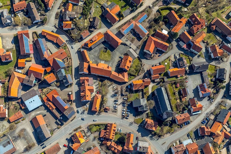 Aerial view, Adorf in Diemelsee in Hesse, town centre with courtyard domain, Romanesque basilica St. Johannis, dedicated to John the Baptist, fortified church. Diemelsee, district Waldeck-Frankenberg, North Hesse, Upland, Hesse, Germany, Diemelsee, DEU, Europe, birds-eyes view, aerial view, aerial photography, aerial photography, overview, overview, bird's eye view