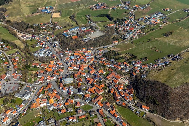 Aerial view, Adorf in Diemelsee in Hesse, town centre with courtyard domain, Romanesque basilica St. Johannis, dedicated to John the Baptist, fortified church. Diemelsee, district Waldeck-Frankenberg, North Hesse, Upland, Hesse, Germany, Diemelsee, DEU, Europe, birds-eyes view, aerial view, aerial photography, aerial photography, overview, overview, bird's eye view