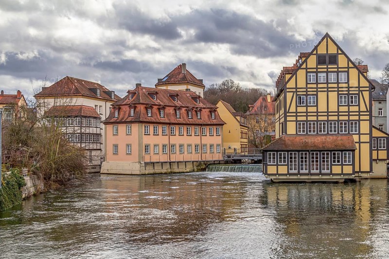 Idyllic riverside scenery in Bamberg, a town in Upper Franconia, Germany