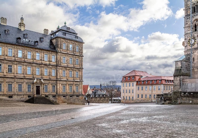 Old town scenery including the New Residence around the Domplatz in Bamberg, a town in Bavaria