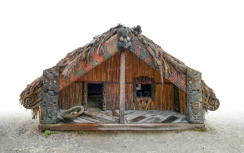 Traditional Maori sleep house seen in New Zealand, gradient isolated in white back