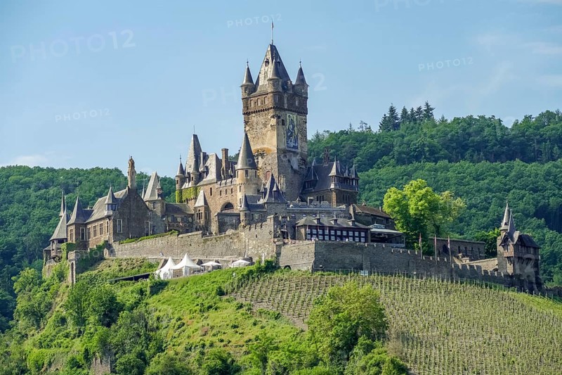 Scenery around Cochem with Imperial Castle, a town at Moselle river in Rhineland-Palatinate, Germany, at summer time