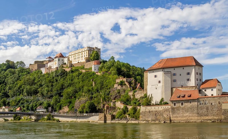 Sunny waterside scenery in Passau, a town in southern Germany at summer time