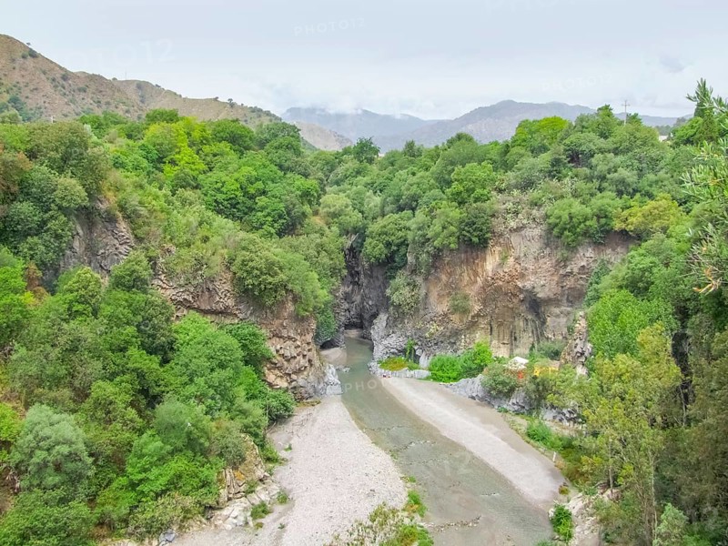 High angle scenery at the entrance of the Alcantara Gorges in Sicily, Italy