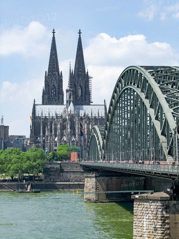 Waterside scenery with cologne cathedral and hohenzollern bridge in Cologne, a city in North Rhine-Westphalia in Germany