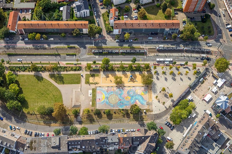Aerial view, playground Kamper Acker, tram stop, Holthausen, Düsseldorf, Ruhr area, North Rhine-Westphalia, Germany, DE, Europe, stop, aerial view, aerial photography, aerial photography, playground, tram stop, overview, bird's-eye view, overview