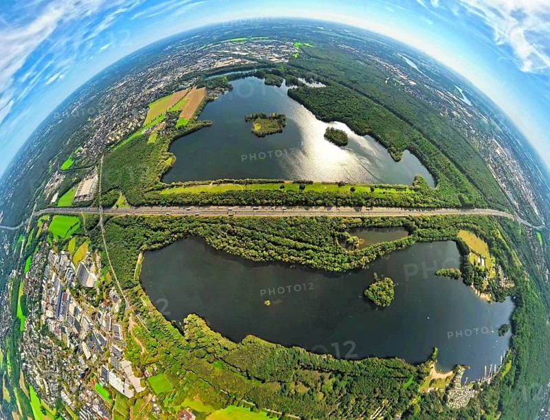 Aerial photo, Elbsee and Unterbacher See with forest area, motorway A46 at Hasseler Forst, earth globe, fisheye image, 360 degree image, tiny world, little planet, fisheye image, Hilden, Ruhr area, North Rhine-Westphalia, Germany, motorway, quarry pond, DE, Düsseldorf, Europe, fisheye lens, fisheye lens, little planet, aerial view, aerial photography, aerial photography, nature reserve, lake, road traffic, super wide angle lens, tiny world, overview, bird's eye view, globe, birds-eyes view, fisheye lens, green lung, insta360 camera, overview