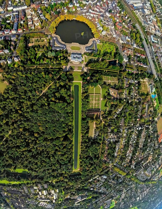 Aerial view, Benrath Castle with castle park and castle pond, globe, fisheye image, 360 degree image, tiny world, little planet, fisheye image, Benrath, Düsseldorf, Ruhr area, North Rhine-Westphalia, Germany, DE, Europe, fisheye lens, fisheye lens, little planet, aerial view, aerial photography, aerial photography, park, castle, super wide angle lens, tiny world, overview, bird's eye view, globe, birds-eyes view, fisheye lens, insta360 camera, overview