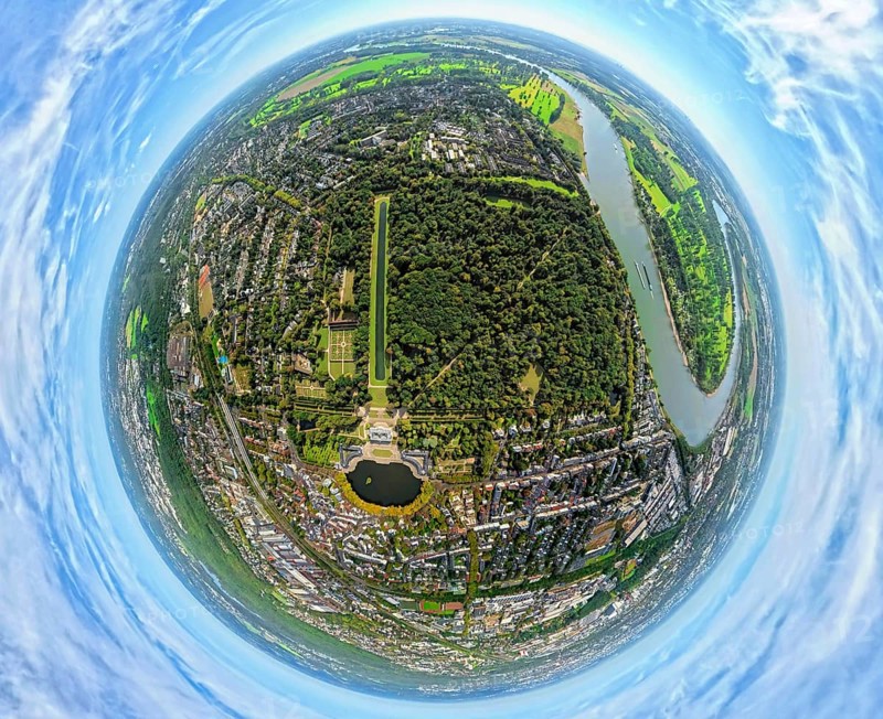 Aerial view, Benrath Castle with castle park and castle pond, globe, fisheye image, 360 degree image, tiny world, little planet, fisheye image, Benrath, Düsseldorf, Ruhr area, North Rhine-Westphalia, Germany, DE, Europe, fisheye lens, fisheye lens, little planet, aerial view, aerial photography, aerial photography, park, castle, super wide angle lens, tiny world, overview, bird's eye view, globe, birds-eyes view, fisheye lens, insta360 camera, overview