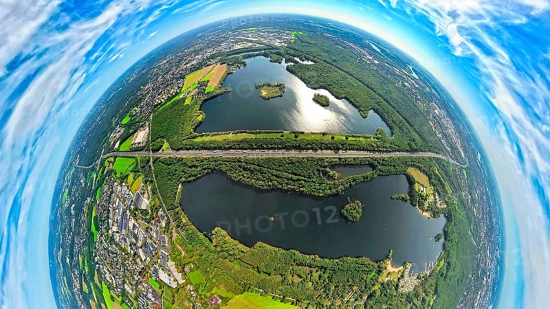 Aerial photo, Elbsee and Unterbacher See with forest area, motorway A46 at Hasseler Forst, earth globe, fisheye image, 360 degree image, tiny world, little planet, fisheye image, Hilden, Ruhr area, North Rhine-Westphalia, Germany, motorway, quarry pond, DE, Düsseldorf, Europe, fisheye lens, fisheye lens, little planet, aerial view, aerial photography, aerial photography, nature reserve, lake, road traffic, super wide angle lens, tiny world, overview, bird's eye view, globe, birds-eyes view, fisheye lens, green lung, insta360 camera, overview