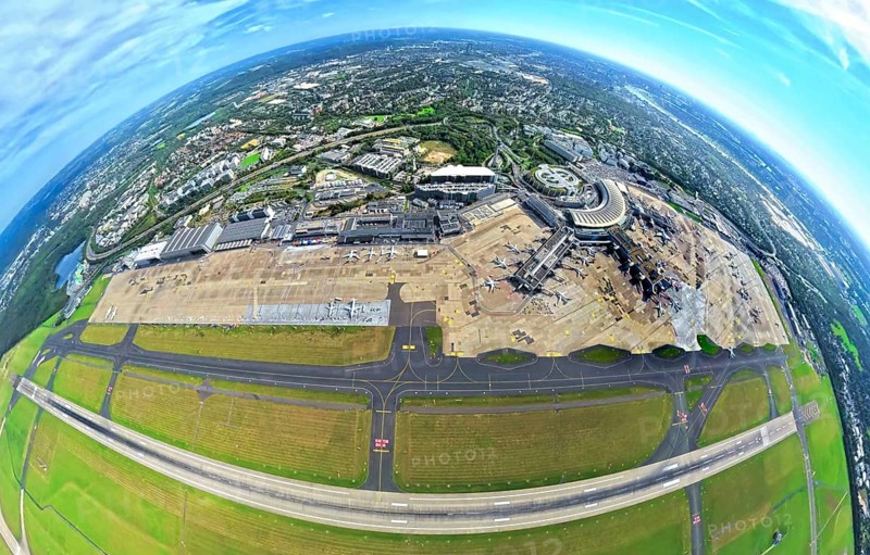 Aerial view, DUS Airport Düsseldorf with reception building and commercial area DUS Airport-City, earth globe, fisheye image, 360 degree image, tiny world, little planet, fisheye image, Unterrath, Düsseldorf, Ruhr area, North Rhine-Westphalia, Germany, terminal building, DE, reception building, Europe, fish-eye lens, fisheye lens, flight mission, airport, aircraft noise, airfield, aeroplane, runway, little planet, aerial photography, aerial photography, runway, super wide angle lens, tiny world, overview, bird's eye view, globe, birds-eyes view, fisheye lens, insta360 camera, overview