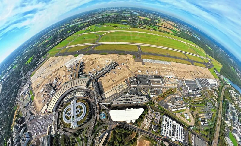 Aerial photo, DUS Airport Düsseldorf with reception building, globe, fisheye image, fisheye image, 360 degree image, tiny world, little planet, fisheye image, Unterrath, Düsseldorf, Ruhr area, North Rhine-Westphalia, Germany, terminal building, DE, reception building, Europe, fisheye lens, fisheye lens, flight mission, airport, aircraft noise, airfield, aeroplane, runway, little planet, aerial photography, aerial photography, aerial photography, runway, super wide angle lens, tiny world, overview, bird's eye view, globe, birds-eyes view, fisheye lens, insta360 camera, overview