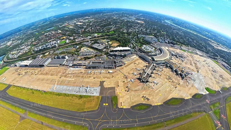 Aerial view, DUS Airport Düsseldorf with reception building and commercial area DUS Airport-City, earth globe, fisheye image, 360 degree image, tiny world, little planet, fisheye image, Unterrath, Düsseldorf, Ruhr area, North Rhine-Westphalia, Germany, terminal building, DE, reception building, Europe, fish-eye lens, fisheye lens, flight mission, airport, aircraft noise, airfield, aeroplane, runway, little planet, aerial photography, aerial photography, runway, super wide angle lens, tiny world, overview, bird's eye view, globe, birds-eyes view, fisheye lens, insta360 camera, overview