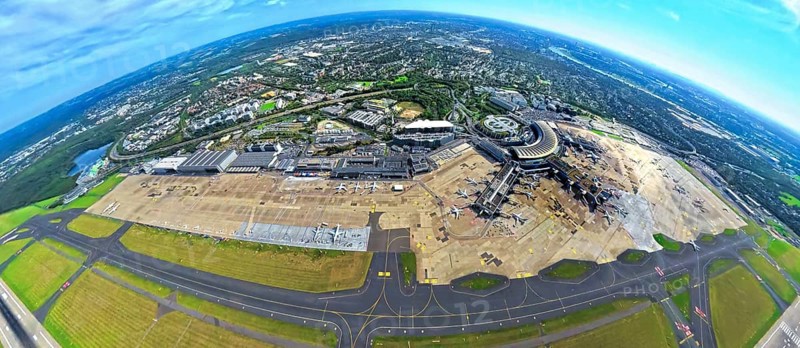 Aerial view, DUS Airport Düsseldorf with reception building and commercial area DUS Airport-City, earth globe, fisheye image, 360 degree image, tiny world, little planet, fisheye image, Unterrath, Düsseldorf, Ruhr area, North Rhine-Westphalia, Germany, terminal building, DE, reception building, Europe, fish-eye lens, fisheye lens, flight mission, airport, aircraft noise, airfield, aeroplane, runway, little planet, aerial photography, aerial photography, runway, super wide angle lens, tiny world, overview, bird's eye view, globe, birds-eyes view, fisheye lens, insta360 camera, overview