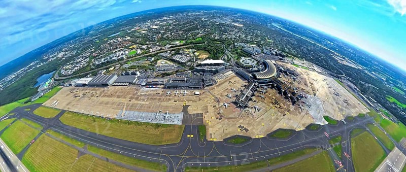 Aerial view, DUS Airport Düsseldorf with reception building and commercial area DUS Airport-City, earth globe, fisheye image, 360 degree image, tiny world, little planet, fisheye image, Unterrath, Düsseldorf, Ruhr area, North Rhine-Westphalia, Germany, terminal building, DE, reception building, Europe, fish-eye lens, fisheye lens, flight mission, airport, aircraft noise, airfield, aeroplane, runway, little planet, aerial photography, aerial photography, runway, super wide angle lens, tiny world, overview, bird's eye view, globe, birds-eyes view, fisheye lens, insta360 camera, overview