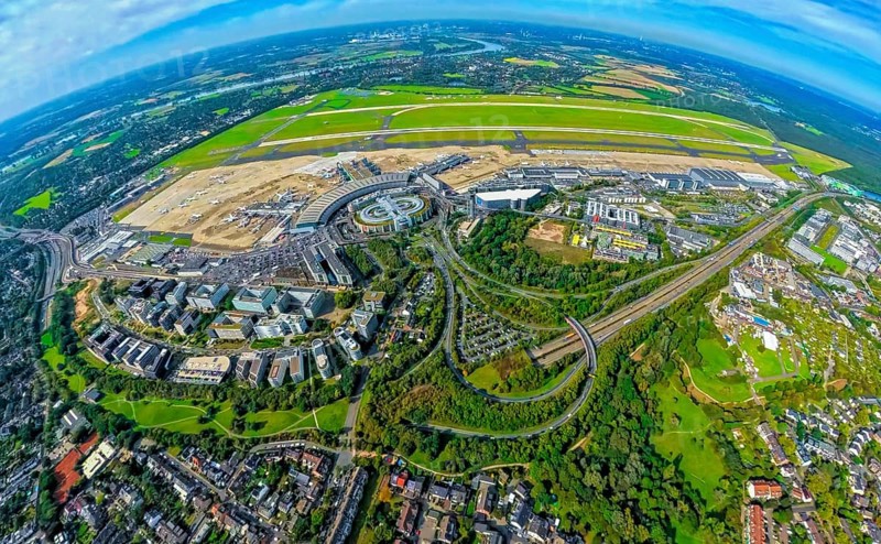 Aerial view, DUS Airport Düsseldorf with reception building and commercial area DUS Airport-City, earth globe, fisheye image, 360 degree image, tiny world, little planet, fisheye image, Unterrath, Düsseldorf, Ruhr area, North Rhine-Westphalia, Germany, terminal building, DE, reception building, Europe, fish-eye lens, fisheye lens, flight mission, airport, aircraft noise, airfield, aeroplane, runway, little planet, aerial photography, aerial photography, runway, super wide angle lens, tiny world, overview, bird's eye view, globe, birds-eyes view, fisheye lens, insta360 camera, overview