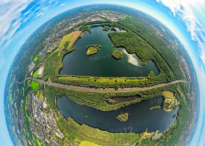 Aerial photo, Elbsee and Unterbacher See with forest area, motorway A46 at Hasseler Forst, earth globe, fisheye image, 360 degree image, tiny world, little planet, fisheye image, Hilden, Ruhr area, North Rhine-Westphalia, Germany, motorway, quarry pond, DE, Düsseldorf, Europe, fisheye lens, fisheye lens, little planet, aerial view, aerial photography, aerial photography, nature reserve, lake, road traffic, super wide angle lens, tiny world, overview, bird's eye view, globe, birds-eyes view, fisheye lens, green lung, insta360 camera, overview