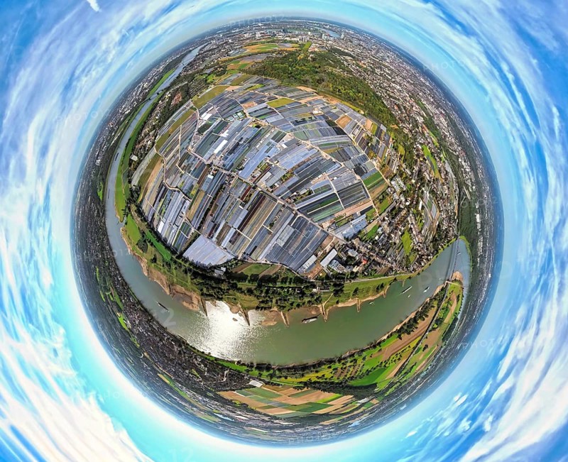 Aerial view, horticulture and agricultural use in the district of Volmerswerth, river Rhine, shapes and colours, earth globe, fisheye image, 360 degree image, tiny world, little planet, fisheye image, Volmerswerth, Düsseldorf, Ruhr area, North Rhine-Westphalia, Germany, DE, Europe, fisheye lens, fisheye lens, Little Planet, aerial photography, aerial photography, aerial photography, super wide angle lens, Tiny World, overview, bird's eye view, globe, birds-eyes view, fisheye lens, insta360 camera, overview