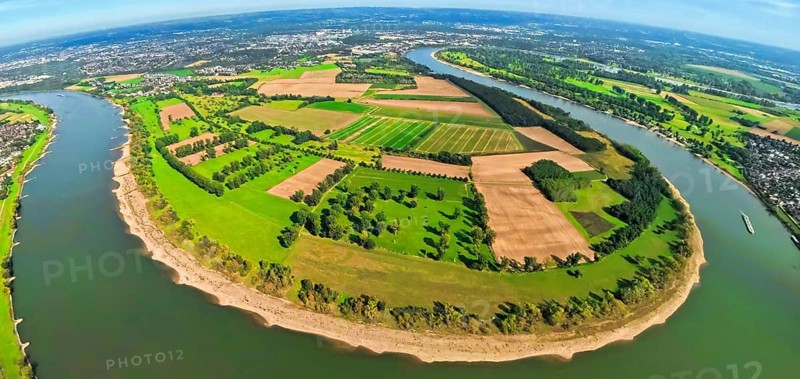 Aerial view, Himmelgeister Rheinbogen nature reserve, agricultural areas, river Rhine, earth globe, fisheye image, 360 degree image, tiny world, little planet, fisheye image, Uedesheim, Neuss, Ruhr area, North Rhine-Westphalia, Germany, DE, Düsseldorf, Europe, fisheye lens, fisheye lens, Little Planet, aerial photography, aerial photography, super wide angle lens, Tiny World, overview, bird's eye view, globe, meadows and fields, birds-eyes view, fisheye lens, insta360 camera, overview