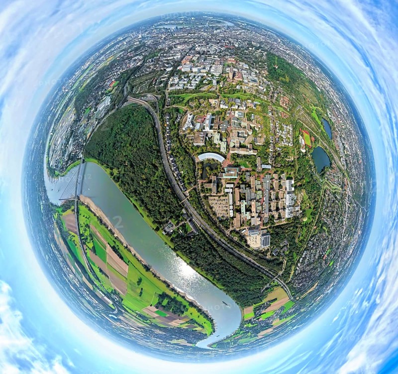 Aerial photo, Heinrich-Heine-University at the river Rhine, motorway A46 and Münchener Straße at Fleher Wald, globe, fisheye image, 360 degree image, tiny world, little planet, fisheye image, Bilk, Düsseldorf, Ruhr area, North Rhine-Westphalia, Germany, education, educational institution, DE, Europe, fisheye lens, fisheye lens, university, educational institute, Little Planet, aerial photography, aerial photography, aerial photography, super wide angle lens, Tiny World, overview, university, bird's eye view, globe, birds-eyes view, fisheye lens, insta360 camera, overview
