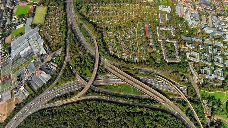 Aerial view, motorway junction Düsseldorf Bik, motorway A46 and Münchener Straße, globe, fisheye image, 360 degree image, tiny world, little planet, fisheye image, Flehe, Düsseldorf, Ruhr area, North Rhine-Westphalia, Germany, motorway, motorway junction, bridge, DE, Europe, fisheye lens, fisheye lens, Little Planet, aerial view, aerial photography, aerial photography, road traffic, super wide angle lens, Tiny World, overview, bird's eye view, globe, birds-eyes view, fisheye lens, insta360 camera, overview