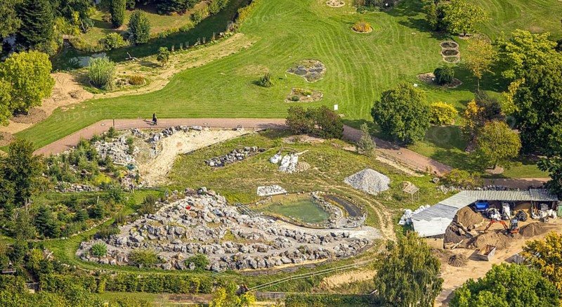 Aerial view, Alpinum stone landscape in the botanical garden, Bilk, Düsseldorf, Ruhr area, North Rhine-Westphalia, Germany, DE, Europe, garden, aerial view, aerial photography, aerial photography, overview, bird's-eye view, overview