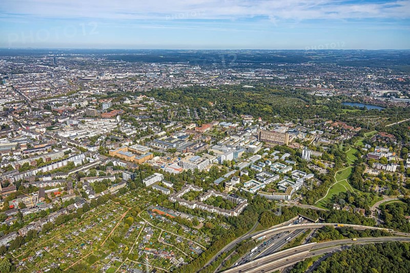 Aerial view, University Hospital Düsseldorf, Bilk, Düsseldorf, Ruhr area, North Rhine-Westphalia, Germany, DE, Europe, healthcare, hospital, clinic, clinic centre, hospital, aerial photography, aerial photography, aerial photography, medical facility, medical aid, overview, bird's-eye view, birds-eyes view, overview, medical care