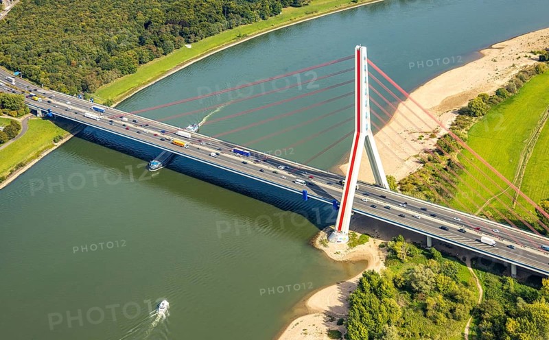 Aerial view, Fleher Bridge with bridge pylon over the river Rhine, inland navigation, motorway A46, Flehe, Düsseldorf, Ruhr area, North Rhine-Westphalia, Germany, motorway, bridge, DE, Europe, aerial view, aerial photography, aerial photography, ship, cable-stayed bridge, road traffic, overview, bird's-eye view, overview