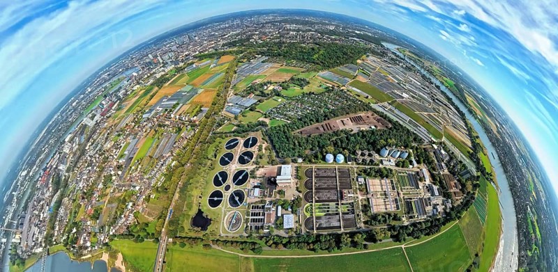 Aerial view, sewage treatment plant Düsseldorf-Süd Volmerswerth, earth globe, fisheye image, 360 degree image, tiny world, little planet, fisheye image, Hamm, Düsseldorf, Ruhr area, North Rhine-Westphalia, Germany, DE, Europe, fisheye lens, fisheye lens, sewage treatment plant, little planet, aerial photography, aerial photography, super wide angle lens, tiny world, overview, bird's eye view, globe, birds-eyes view, fisheye lens, insta360 camera, overview