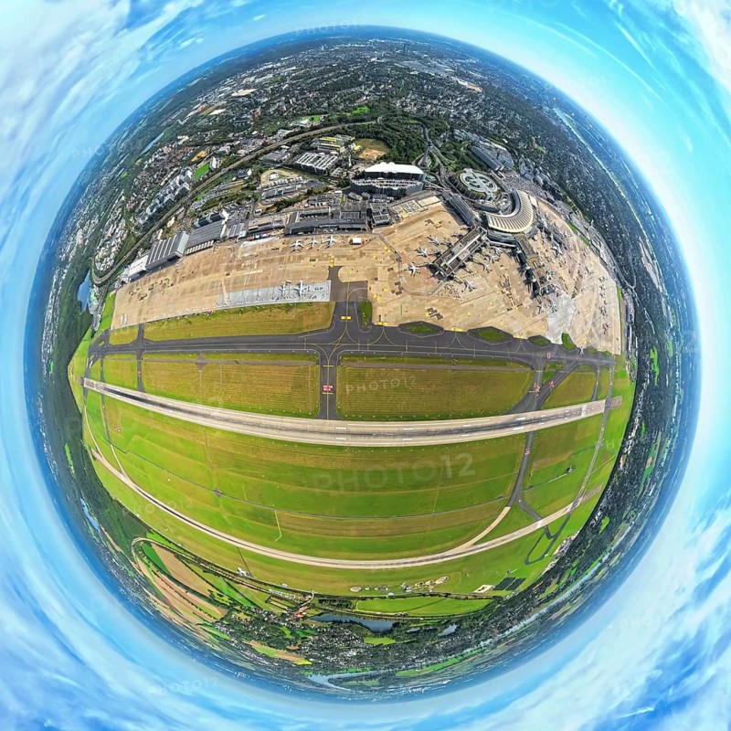Aerial view, DUS Airport Düsseldorf with reception building and commercial area DUS Airport-City, earth globe, fisheye image, 360 degree image, tiny world, little planet, fisheye image, Unterrath, Düsseldorf, Ruhr area, North Rhine-Westphalia, Germany, terminal building, DE, reception building, Europe, fish-eye lens, fisheye lens, flight mission, airport, aircraft noise, airfield, aeroplane, runway, little planet, aerial photography, aerial photography, runway, super wide angle lens, tiny world, overview, bird's eye view, globe, birds-eyes view, fisheye lens, insta360 camera, overview