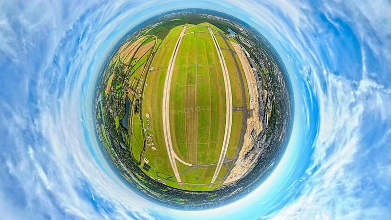Aerial photo, DUS Airport Düsseldorf Airport with runway and landing strip, globe, fisheye image, 360 degree image, tiny world, little planet, fisheye image, Lohausen, Düsseldorf, Ruhr area, North Rhine-Westphalia, Germany, terminal building, DE, reception building, Europe, fisheye lens, fisheye lens, flight mission, airport, aircraft noise, airfield, runway, little planet, aerial view, aerial photography, aerial photography, runway, super wide angle lens, tiny world, overview, bird's eye view, globe, birds-eyes view, fisheye lens, insta360 camera, overview