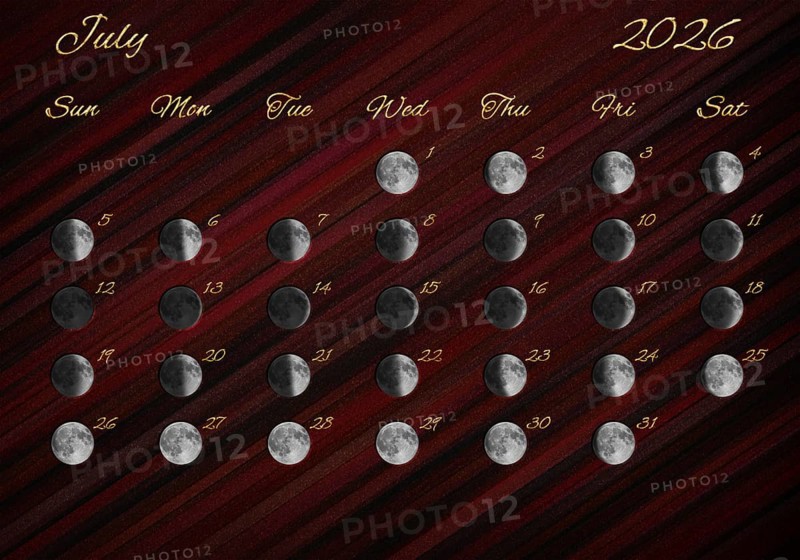 Moon Phases Calendar, July 2026 Red