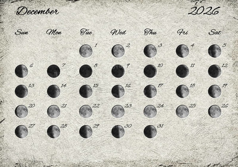 Moon Phases Calendar. December 2026 Old Paper