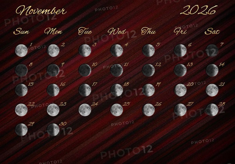 Moon Phases Calendar, November 2026 Red