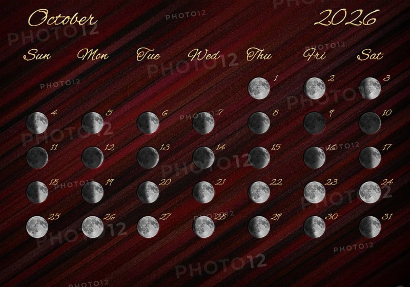 Moon Phases Calendar, October 2026 Red