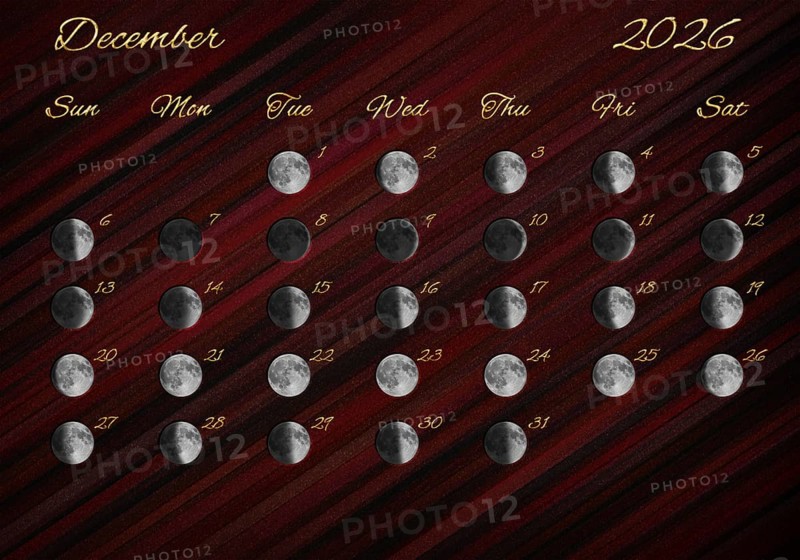 Moon Phases Calendar, December 2026 Red