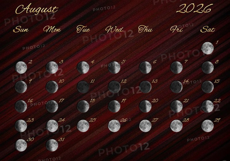 Moon Phases Calendar, August 2026 Red