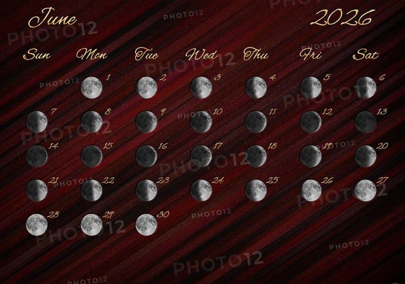 Moon Phases Calendar, June 2026 Red