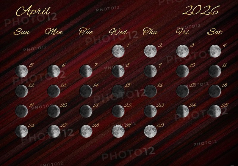Moon Phases Calendar, April 2026 Red
