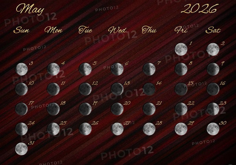 Moon Phases Calendar, May 2026 Red