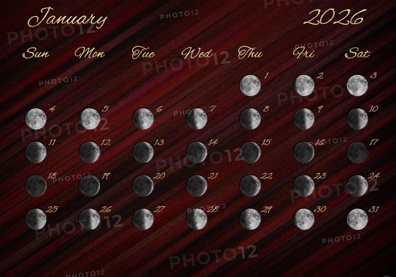 Moon Phases Calendar, January 2026 Red