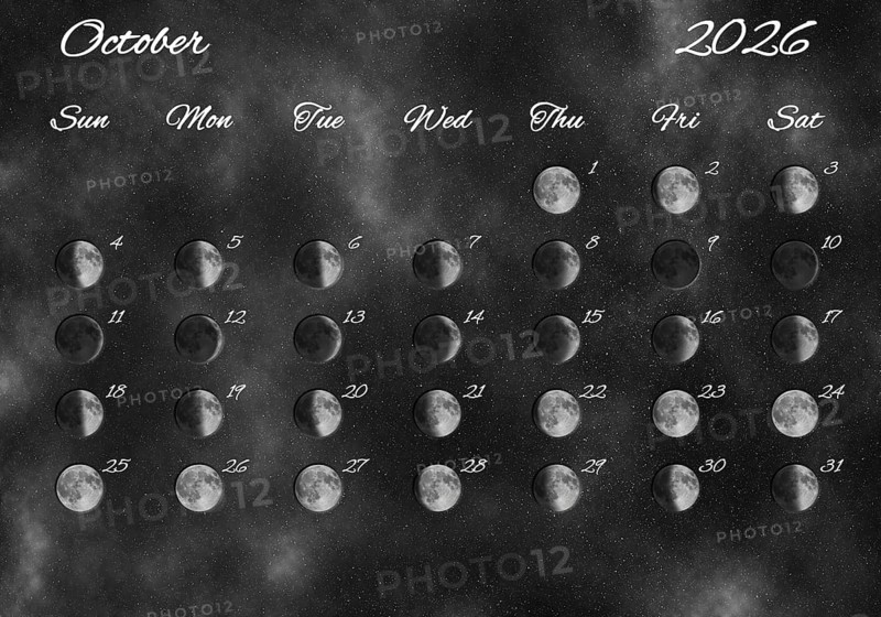 Moon Phases Calendar, October 2026 Space Background