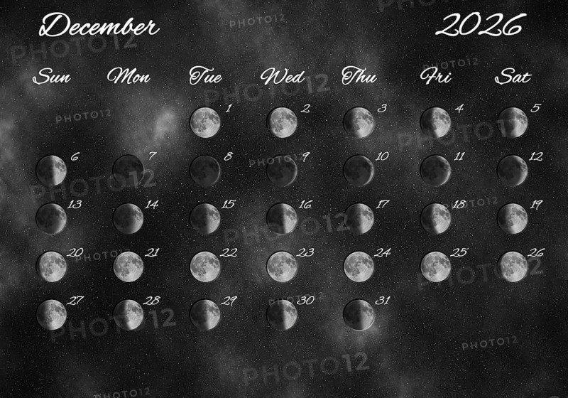 Moon Phases Calendar, December 2026 Space Background